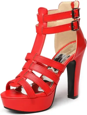 VOKLIN Women's Fashion Strappy Chunky Block High Heel Sandals Open Toe Buckle Zip Platform Dress Heeled Sandal