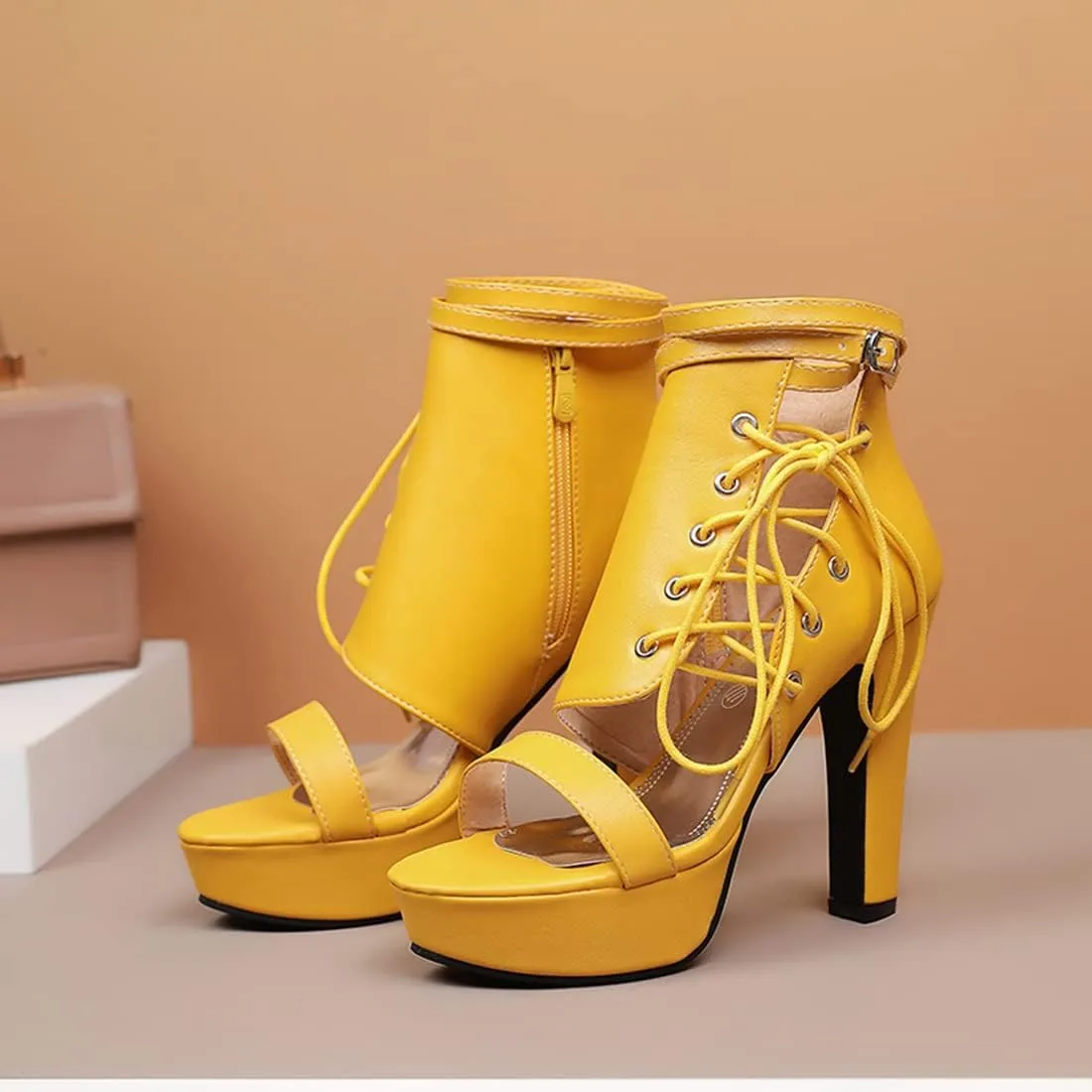 VOKLIN Women's Fashion Strappy Chunky Block High Heel Sandals Open Toe Buckle Zip Platform Dress Heeled Sandal