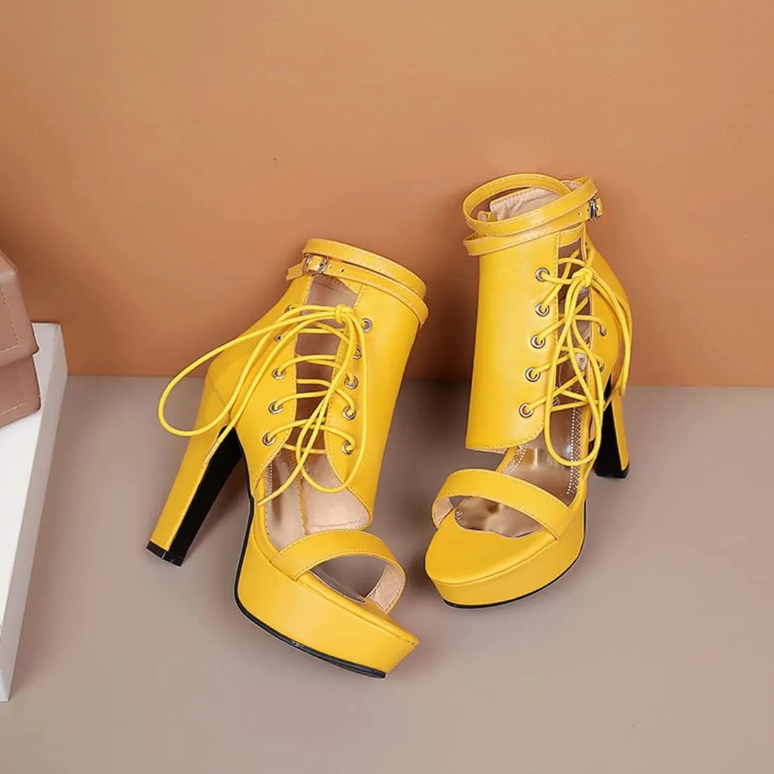 VOKLIN Women's Fashion Strappy Chunky Block High Heel Sandals Open Toe Buckle Zip Platform Dress Heeled Sandal