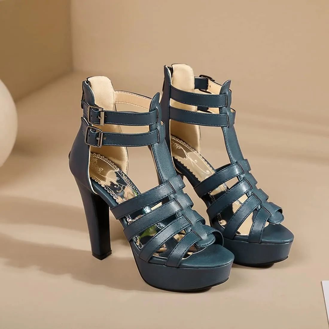 VOKLIN Women's Fashion Strappy Chunky Block High Heel Sandals Open Toe Buckle Zip Platform Dress Heeled Sandal