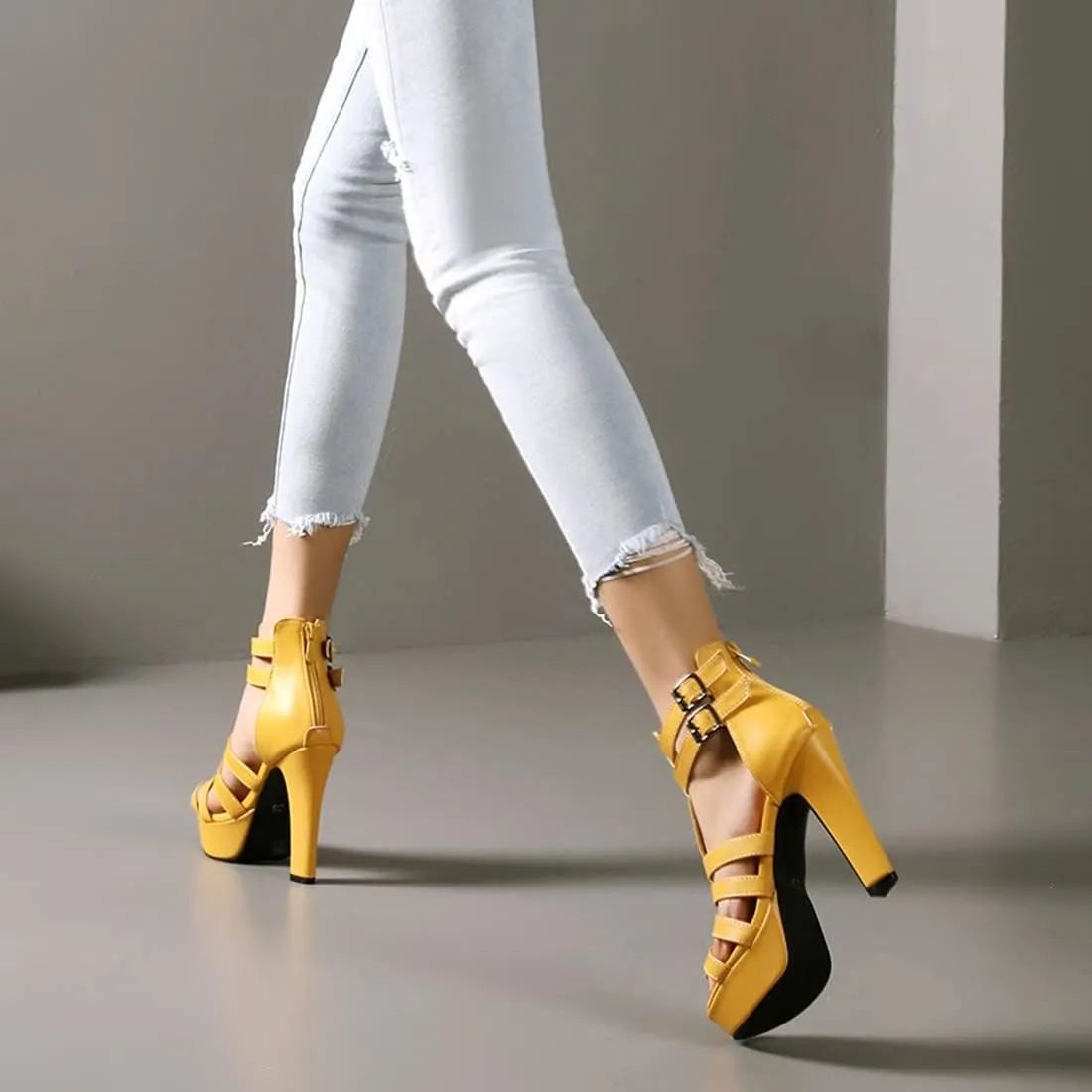 VOKLIN Women's Fashion Strappy Chunky Block High Heel Sandals Open Toe Buckle Zip Platform Dress Heeled Sandal