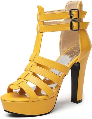 VOKLIN Women's Fashion Strappy Chunky Block High Heel Sandals Open Toe Buckle Zip Platform Dress Heeled Sandal