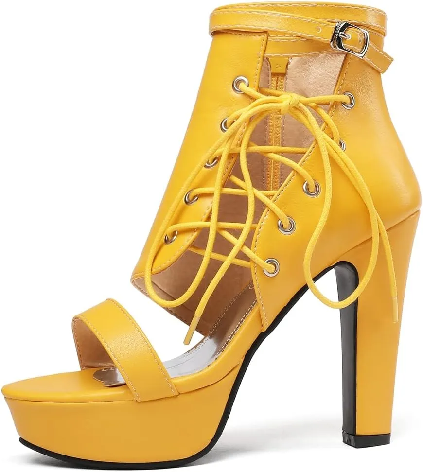 VOKLIN Women's Fashion Strappy Chunky Block High Heel Sandals Open Toe Buckle Zip Platform Dress Heeled Sandal