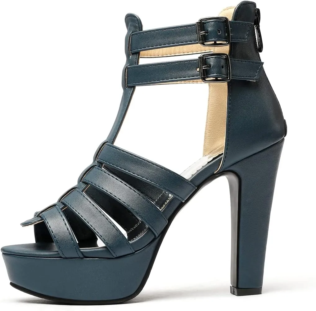 VOKLIN Women's Fashion Strappy Chunky Block High Heel Sandals Open Toe Buckle Zip Platform Dress Heeled Sandal
