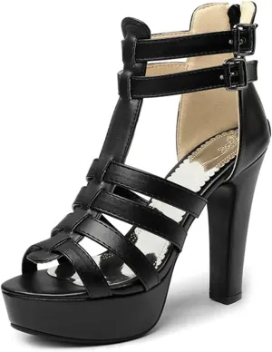 VOKLIN Women's Fashion Strappy Chunky Block High Heel Sandals Open Toe Buckle Zip Platform Dress Heeled Sandal