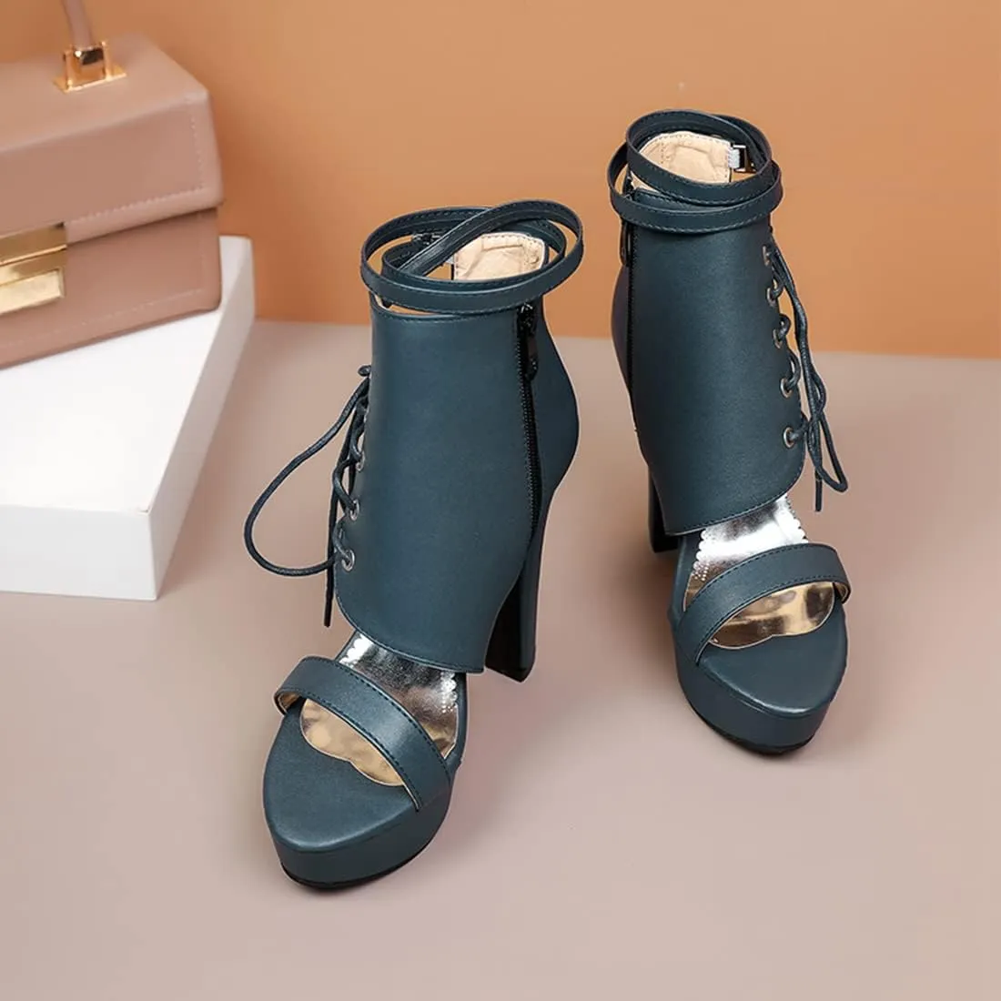 VOKLIN Women's Fashion Strappy Chunky Block High Heel Sandals Open Toe Buckle Zip Platform Dress Heeled Sandal