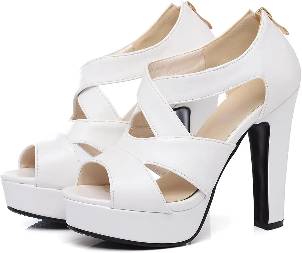 VOKLIN Women's Peep Toe Platform Block High Heel Sandals Cross Strappy Back Zipper Pump Dressy Heeled Sandal
