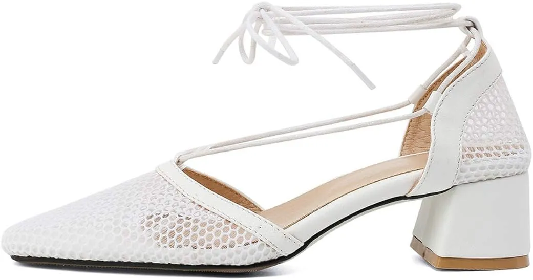 VOKLIN Women's Square Toe Dress Pumps Sandals Lace Up Mesh Chunky Block Low Heels Work Office Sandal Shoes