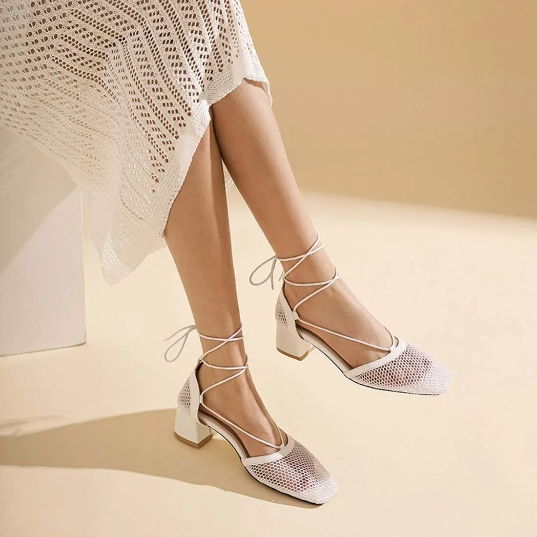 VOKLIN Women's Square Toe Dress Pumps Sandals Lace Up Mesh Chunky Block Low Heels Work Office Sandal Shoes