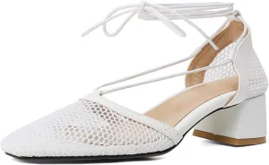 VOKLIN Women's Square Toe Dress Pumps Sandals Lace Up Mesh Chunky Block Low Heels Work Office Sandal Shoes