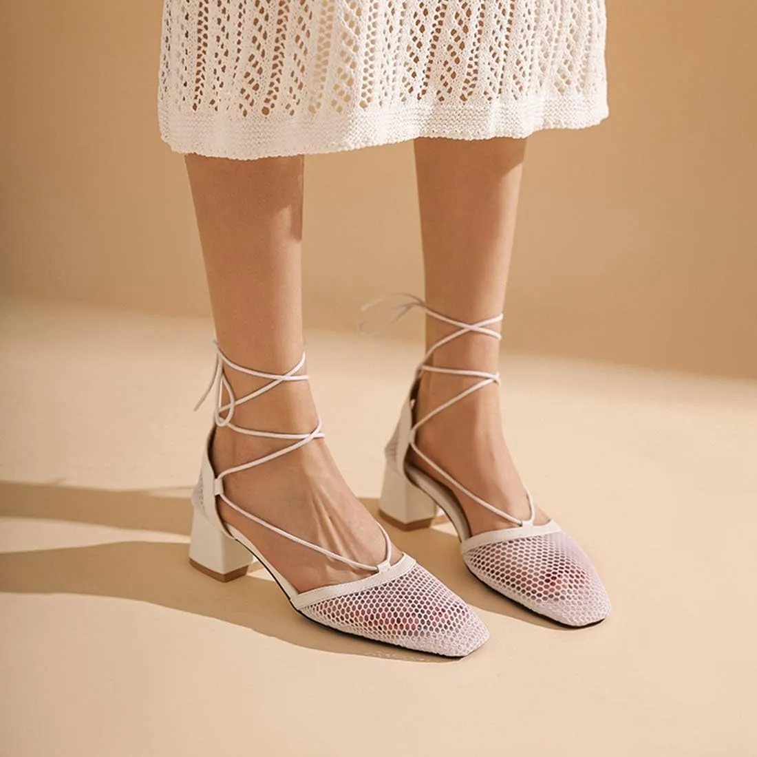 VOKLIN Women's Square Toe Dress Pumps Sandals Lace Up Mesh Chunky Block Low Heels Work Office Sandal Shoes