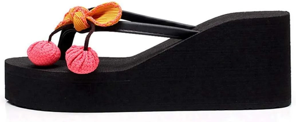 VOKLIN Women's Wedge High Heel Flipflop Sandals Bohemian Flowers Summer Platform Nonslip Beach Thong Sandal