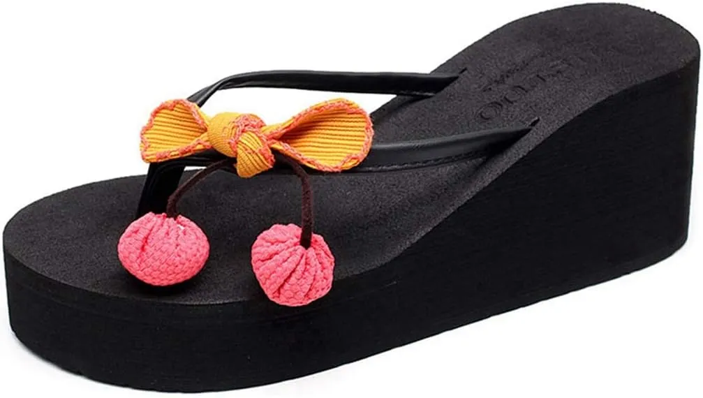 VOKLIN Women's Wedge High Heel Flipflop Sandals Bohemian Flowers Summer Platform Nonslip Beach Thong Sandal
