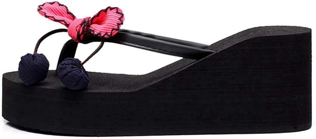 VOKLIN Women's Wedge High Heel Flipflop Sandals Bohemian Flowers Summer Platform Nonslip Beach Thong Sandal