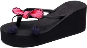 VOKLIN Women's Wedge High Heel Flipflop Sandals Bohemian Flowers Summer Platform Nonslip Beach Thong Sandal