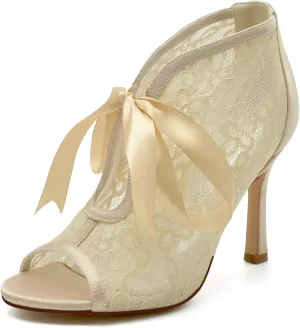Wedding Dress Shoes for Bride Sandals for Women Lace Ankle Bootie Pumps with Heels Stiletto Heeled Ribbon Tie Peep Toe High Heels Sandal