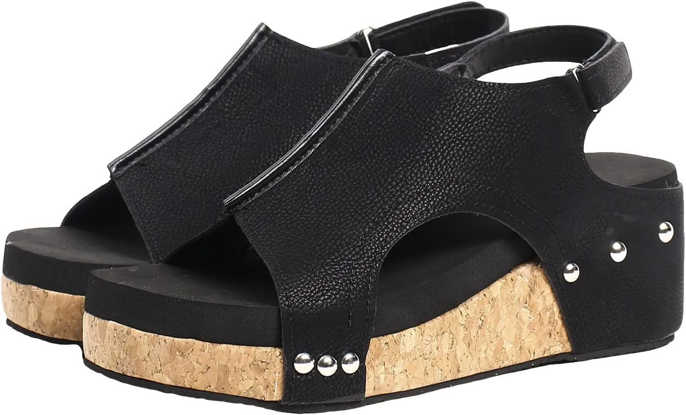 Wedges Heels for Women Dressy, Women's Cork Platform Wedge Sandals Low Heel Open Toe Ankle Strap Comfortable Orthopedic Wedges Ladies Casual Summer Shoes (a-Black, 8)