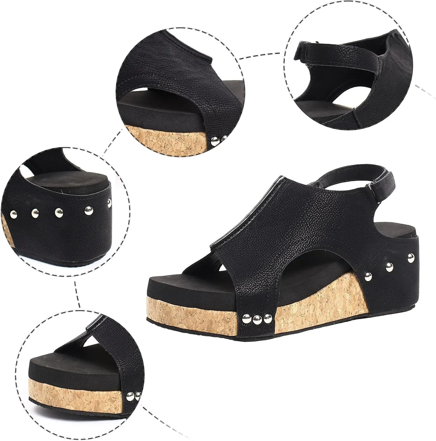 Wedges Heels for Women Dressy, Women's Cork Platform Wedge Sandals Low Heel Open Toe Ankle Strap Comfortable Orthopedic Wedges Ladies Casual Summer Shoes (a-Black, 8)