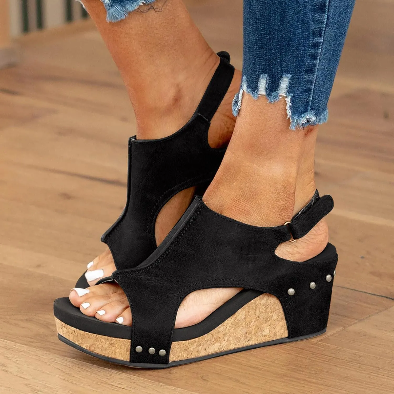 Wedges Heels for Women Dressy, Women's Cork Platform Wedge Sandals Low Heel Open Toe Ankle Strap Comfortable Orthopedic Wedges Ladies Casual Summer Shoes (a-Black, 8)