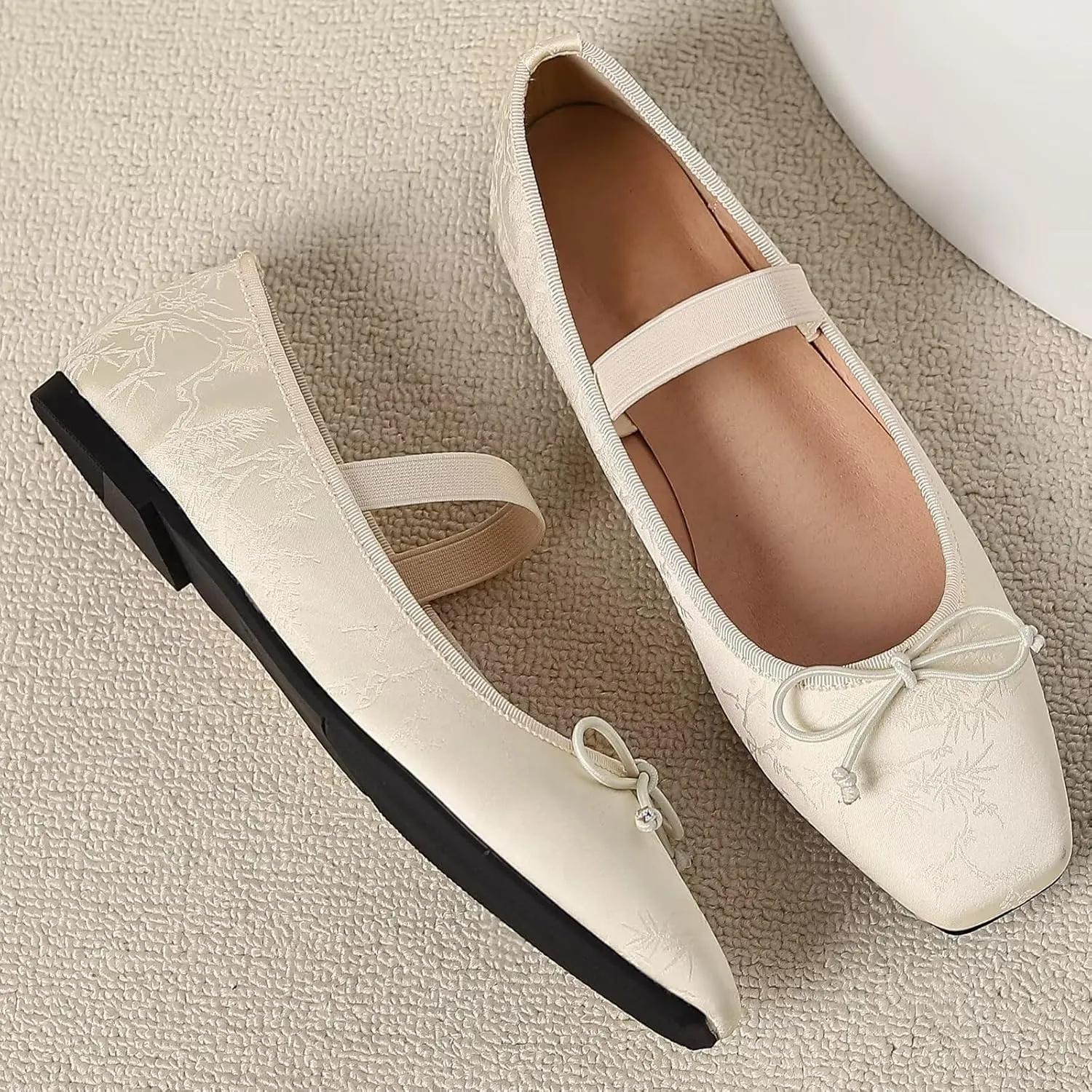 WENJIAZHIZHI Women's Vintage Style Bowtie Mary Jane Flats Square Toe Elastic Strap Comfortable Dressy Ballets Flats