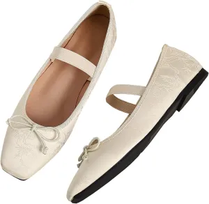 WENJIAZHIZHI Women's Vintage Style Bowtie Mary Jane Flats Square Toe Elastic Strap Comfortable Dressy Ballets Flats