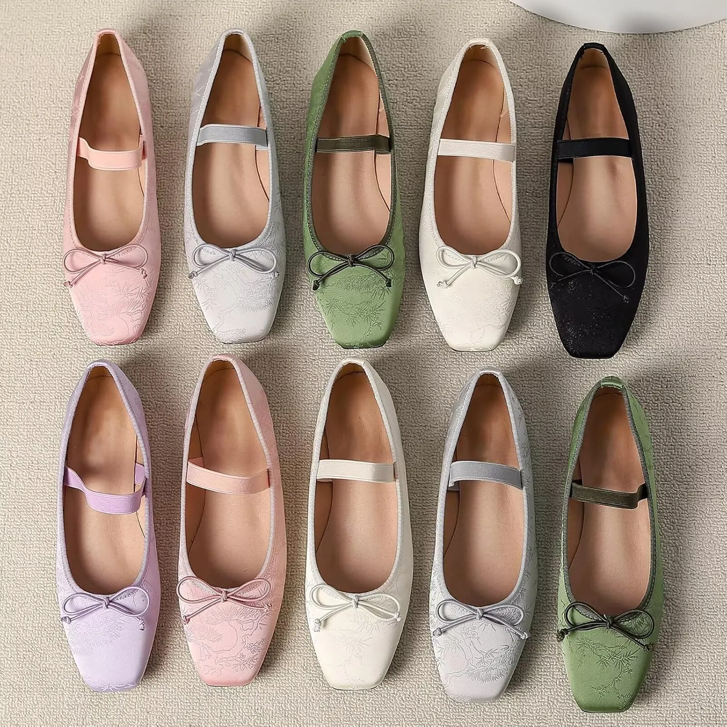 WENJIAZHIZHI Women's Vintage Style Bowtie Mary Jane Flats Square Toe Elastic Strap Comfortable Dressy Ballets Flats