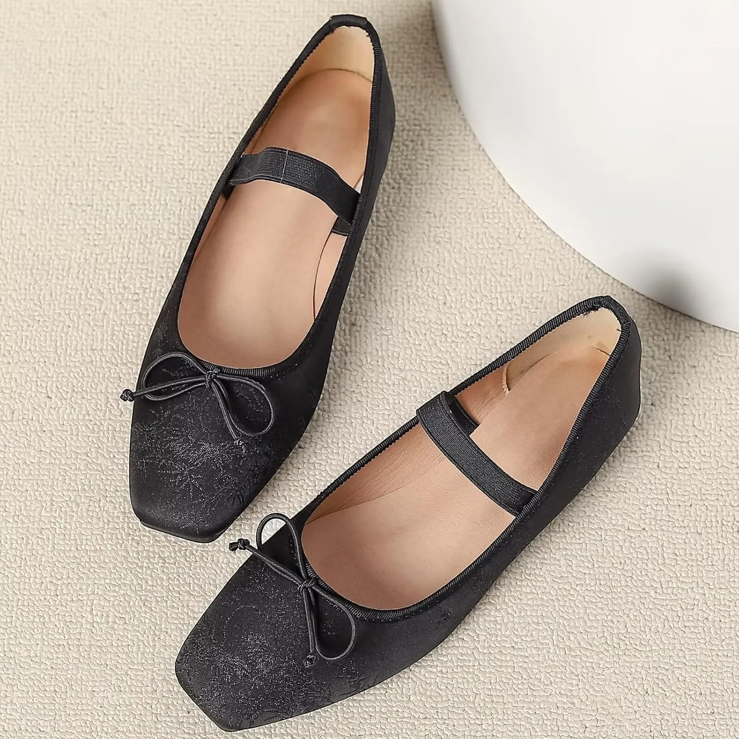 WENJIAZHIZHI Women's Vintage Style Bowtie Mary Jane Flats Square Toe Elastic Strap Comfortable Dressy Ballets Flats