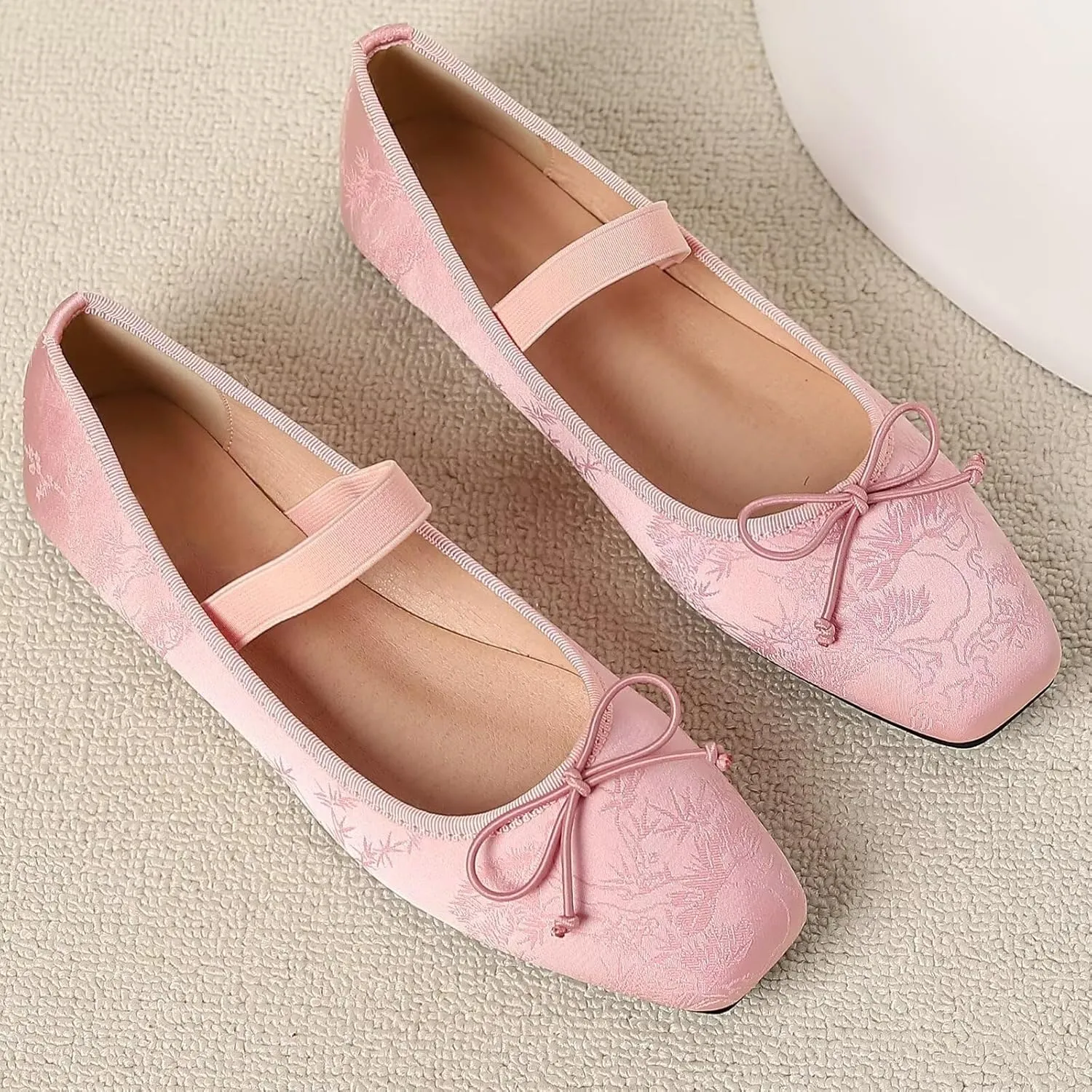 WENJIAZHIZHI Women's Vintage Style Bowtie Mary Jane Flats Square Toe Elastic Strap Comfortable Dressy Ballets Flats