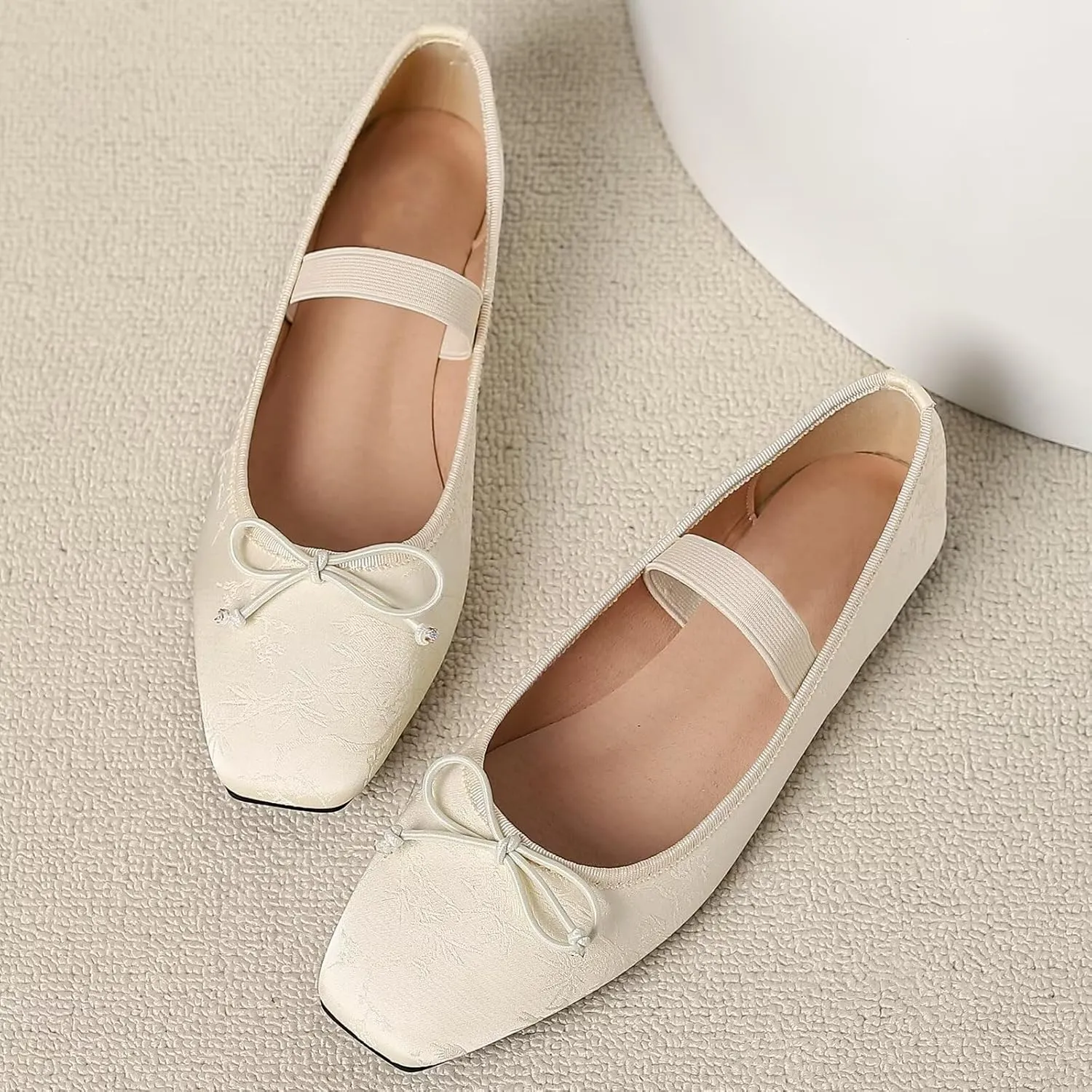 WENJIAZHIZHI Women's Vintage Style Bowtie Mary Jane Flats Square Toe Elastic Strap Comfortable Dressy Ballets Flats