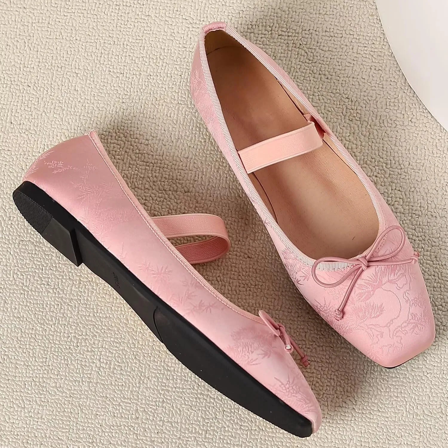 WENJIAZHIZHI Women's Vintage Style Bowtie Mary Jane Flats Square Toe Elastic Strap Comfortable Dressy Ballets Flats
