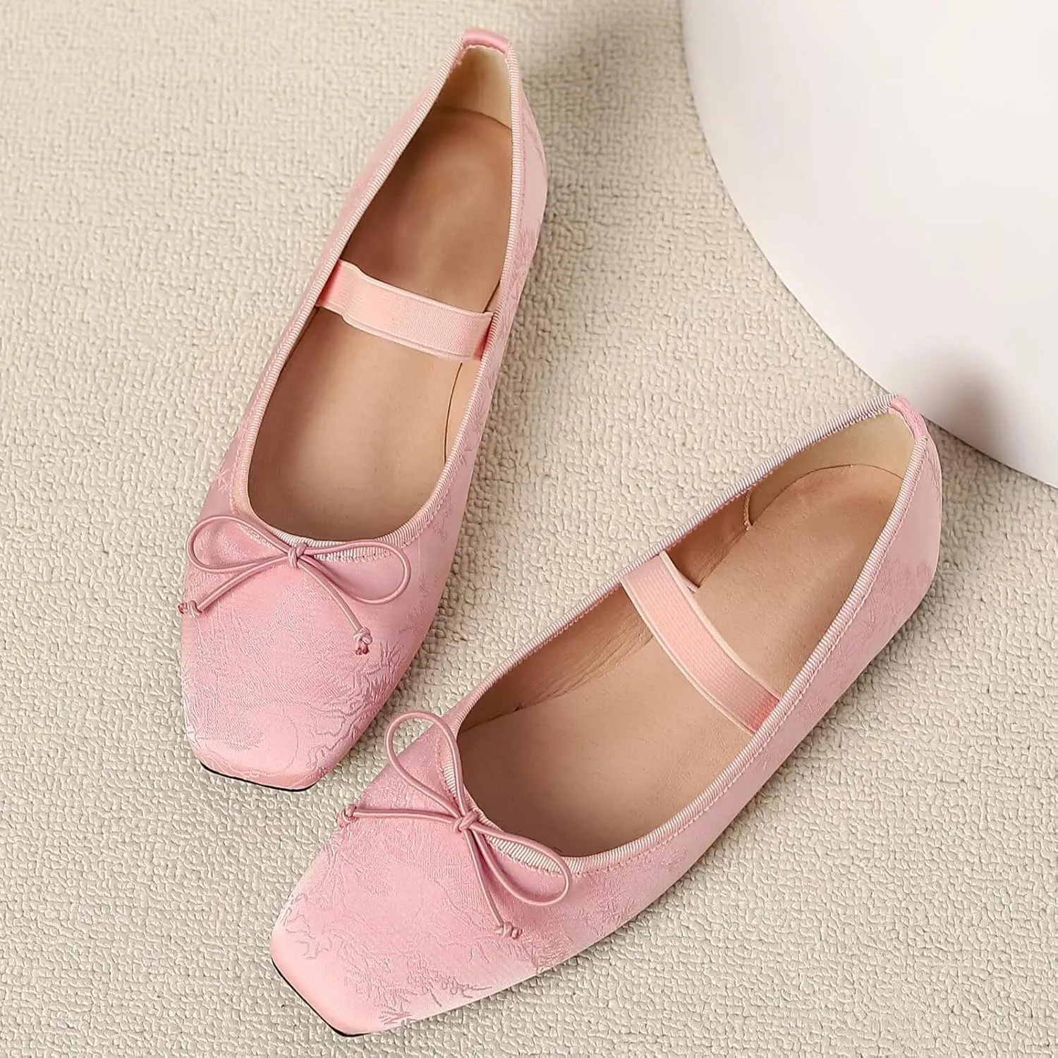 WENJIAZHIZHI Women's Vintage Style Bowtie Mary Jane Flats Square Toe Elastic Strap Comfortable Dressy Ballets Flats