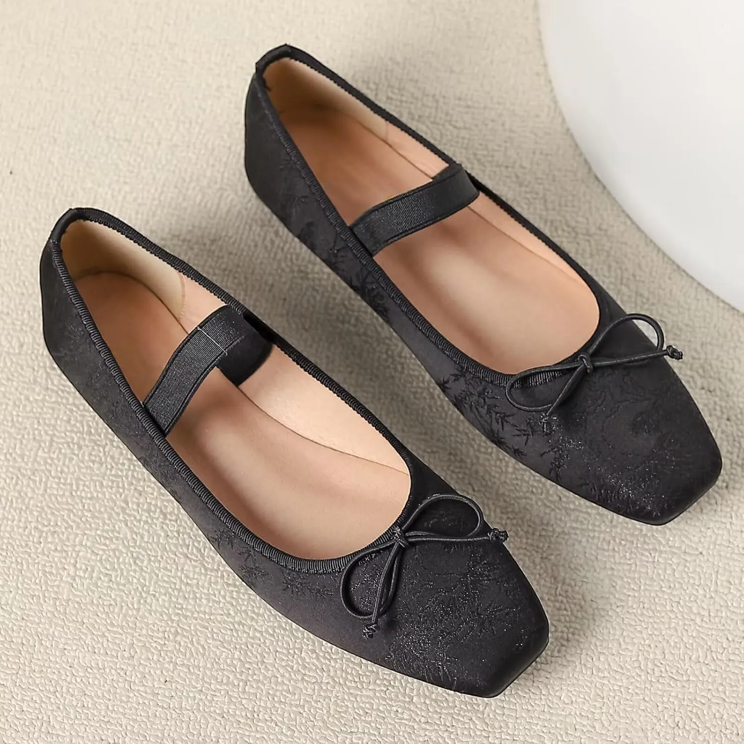 WENJIAZHIZHI Women's Vintage Style Bowtie Mary Jane Flats Square Toe Elastic Strap Comfortable Dressy Ballets Flats