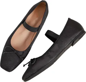 WENJIAZHIZHI Women's Vintage Style Bowtie Mary Jane Flats Square Toe Elastic Strap Comfortable Dressy Ballets Flats