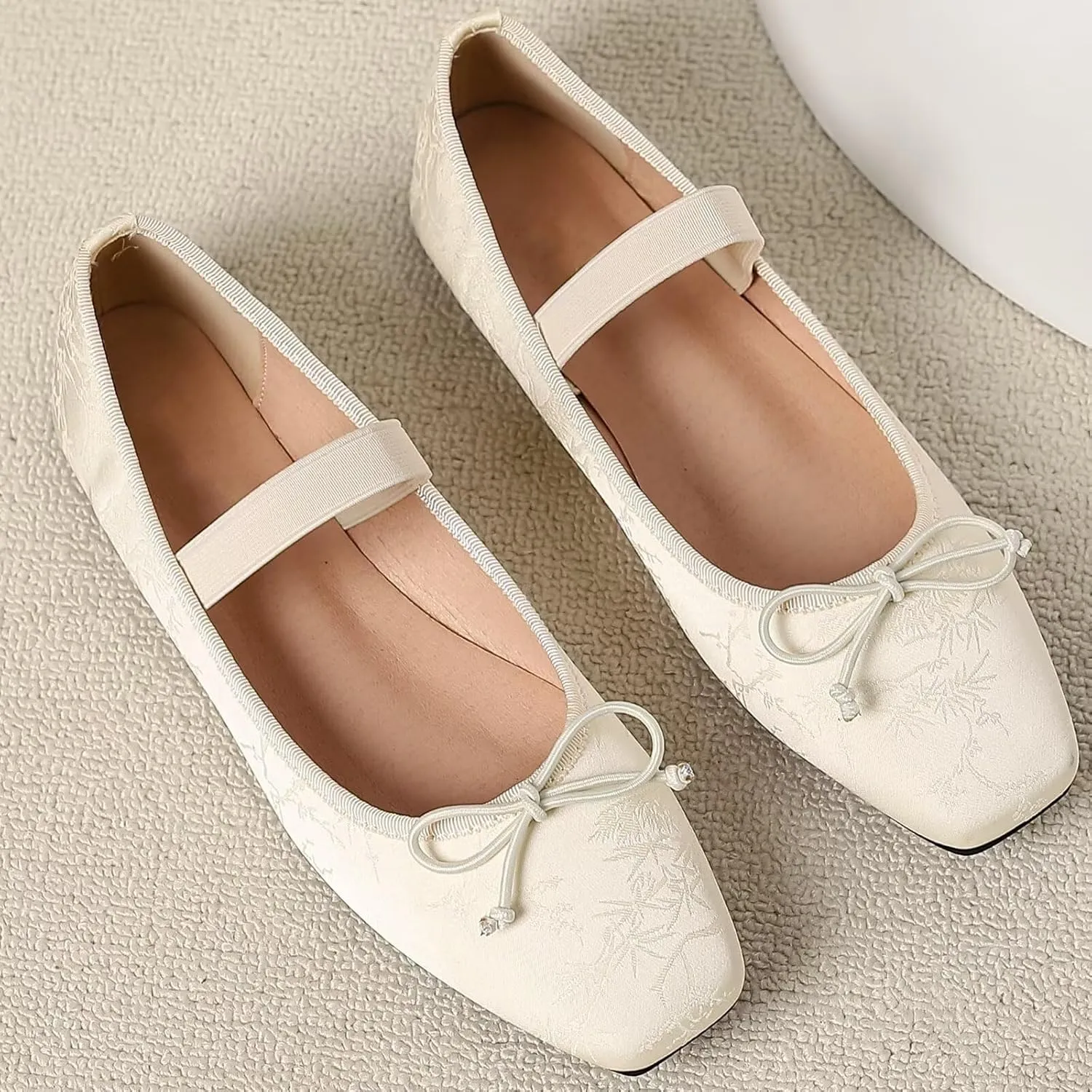WENJIAZHIZHI Women's Vintage Style Bowtie Mary Jane Flats Square Toe Elastic Strap Comfortable Dressy Ballets Flats