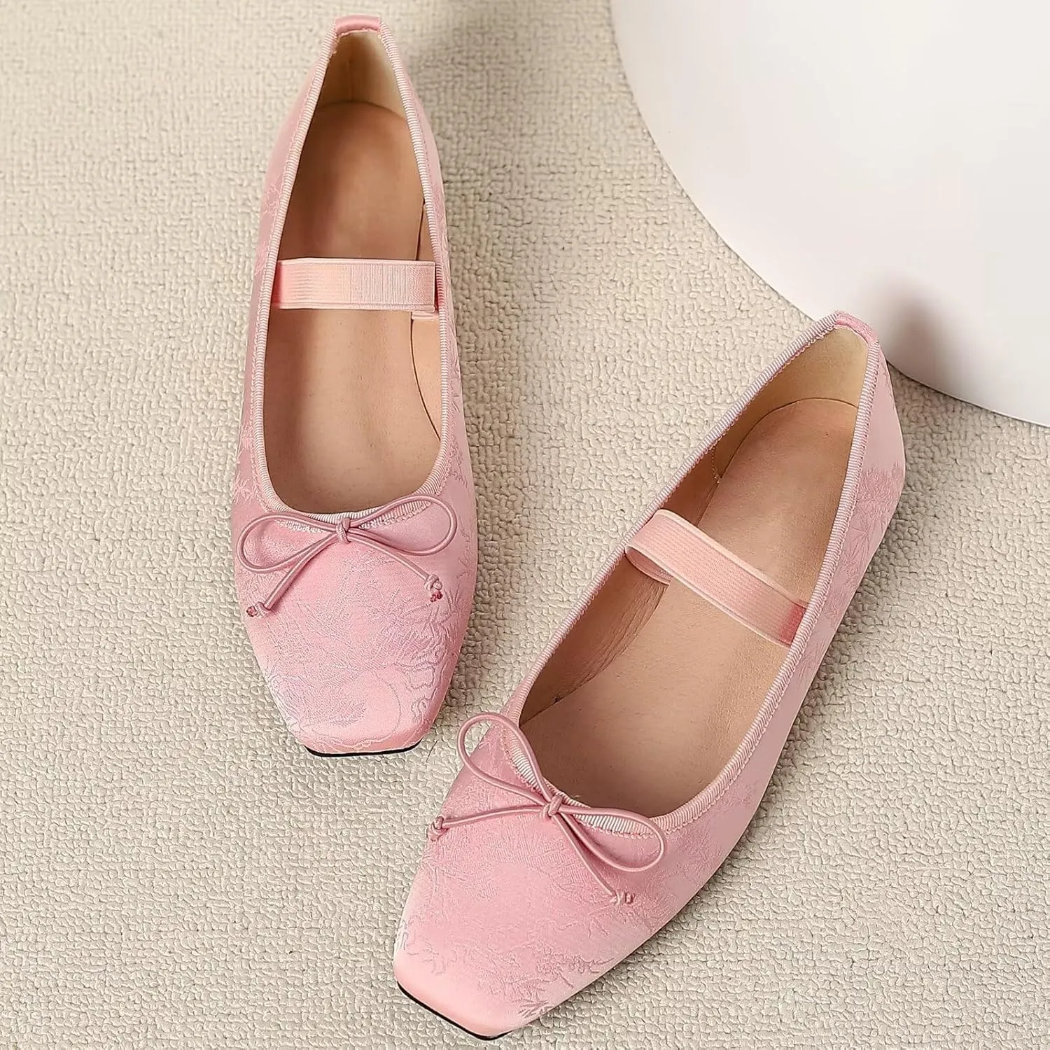 WENJIAZHIZHI Women's Vintage Style Bowtie Mary Jane Flats Square Toe Elastic Strap Comfortable Dressy Ballets Flats