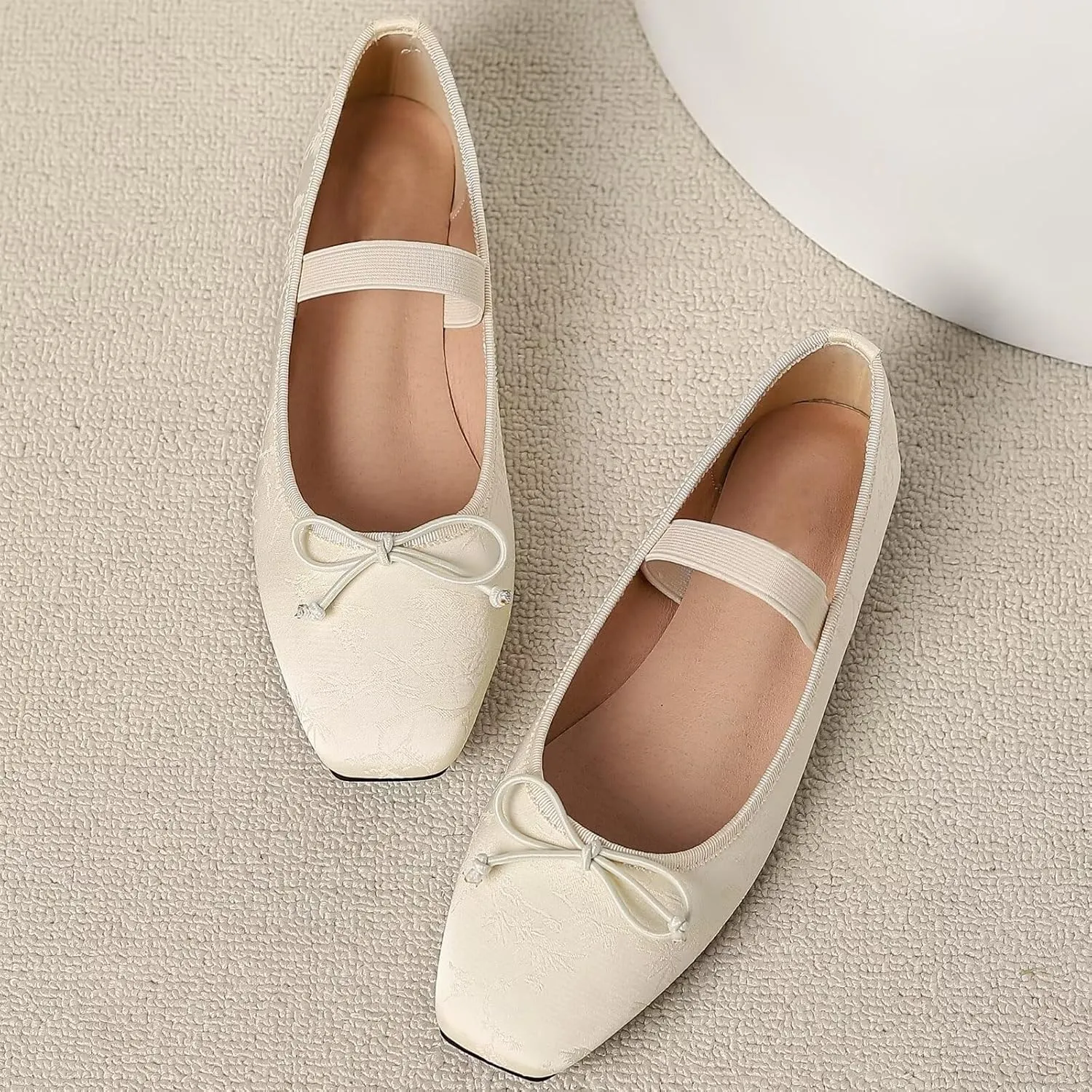 WENJIAZHIZHI Women's Vintage Style Bowtie Mary Jane Flats Square Toe Elastic Strap Comfortable Dressy Ballets Flats