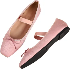 WENJIAZHIZHI Women's Vintage Style Bowtie Mary Jane Flats Square Toe Elastic Strap Comfortable Dressy Ballets Flats