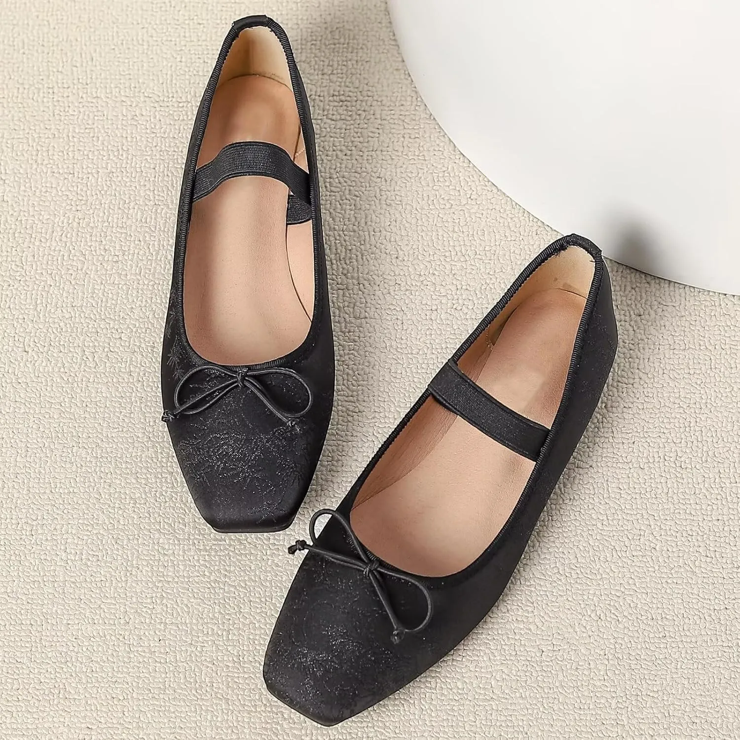 WENJIAZHIZHI Women's Vintage Style Bowtie Mary Jane Flats Square Toe Elastic Strap Comfortable Dressy Ballets Flats