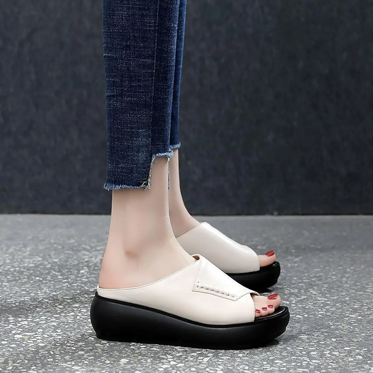 WENOREG Women's Fish Mouth Platform Wedge Slippers Sandals,Summer Fashion Hand Stitching Open Toe with Arch Support Orthopedic Comfortable Walking Sandals,Slip on Beach Platform Slides