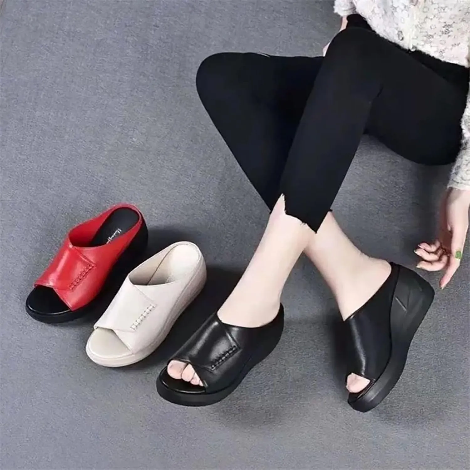 WENOREG Women's Fish Mouth Platform Wedge Slippers Sandals,Summer Fashion Hand Stitching Open Toe with Arch Support Orthopedic Comfortable Walking Sandals,Slip on Beach Platform Slides