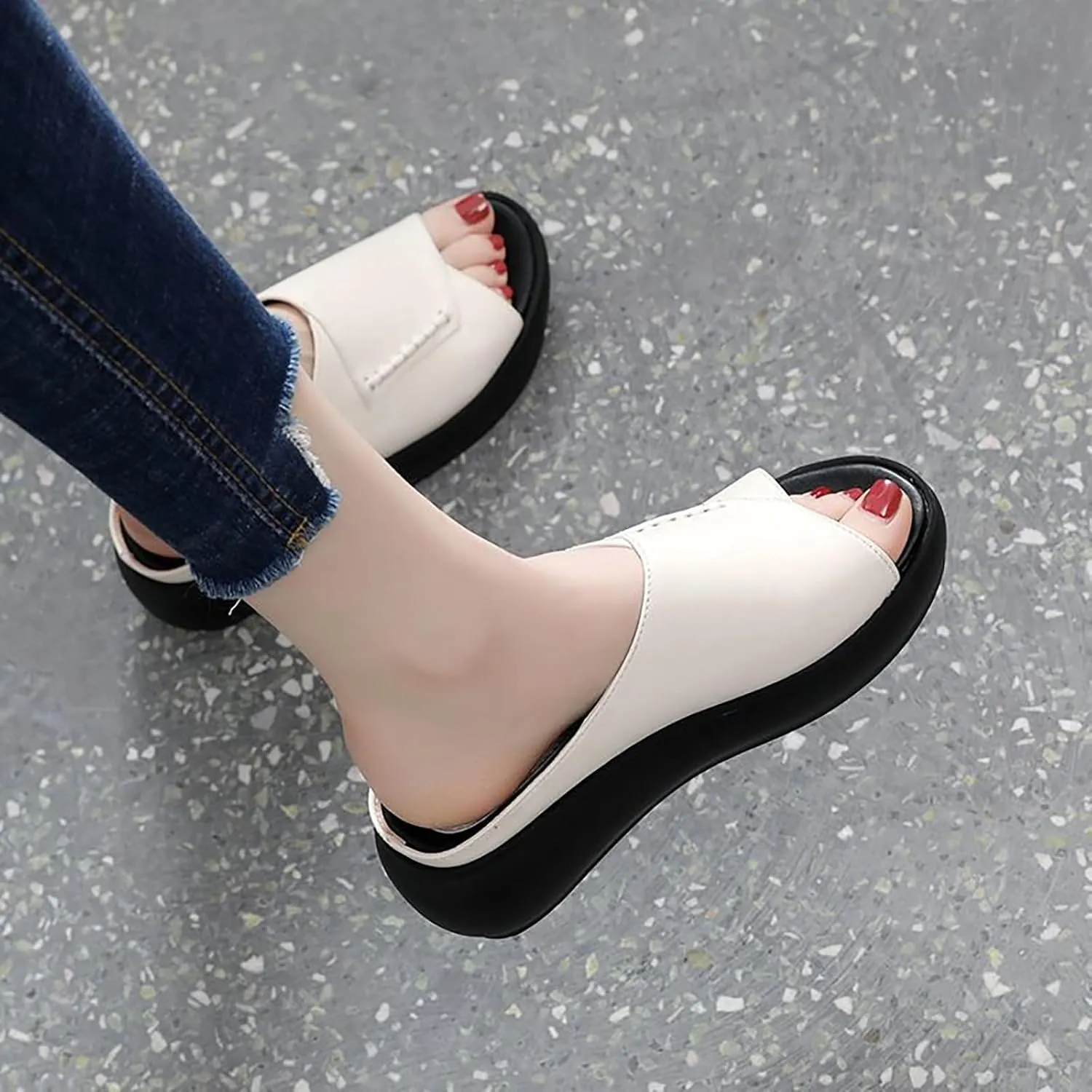 WENOREG Women's Fish Mouth Platform Wedge Slippers Sandals,Summer Fashion Hand Stitching Open Toe with Arch Support Orthopedic Comfortable Walking Sandals,Slip on Beach Platform Slides