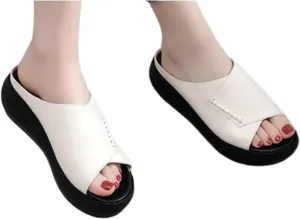 WENOREG Women's Fish Mouth Platform Wedge Slippers Sandals,Summer Fashion Hand Stitching Open Toe with Arch Support Orthopedic Comfortable Walking Sandals,Slip on Beach Platform Slides
