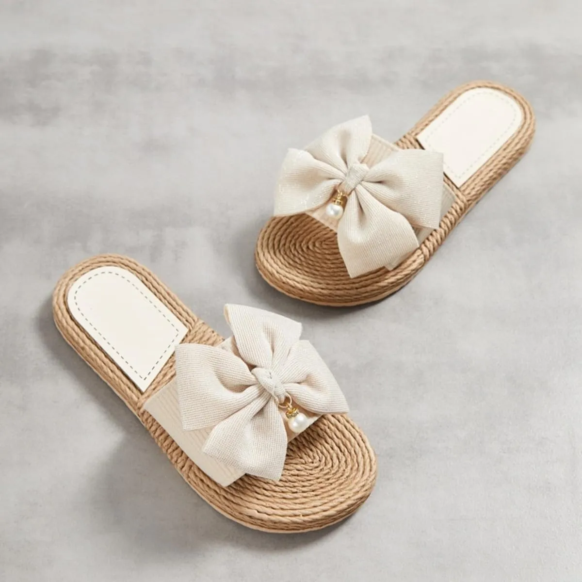 Women Bow Beach Sandals Cute Summer Pearl Straw Flats Comfortable Casual Open Toe Slides