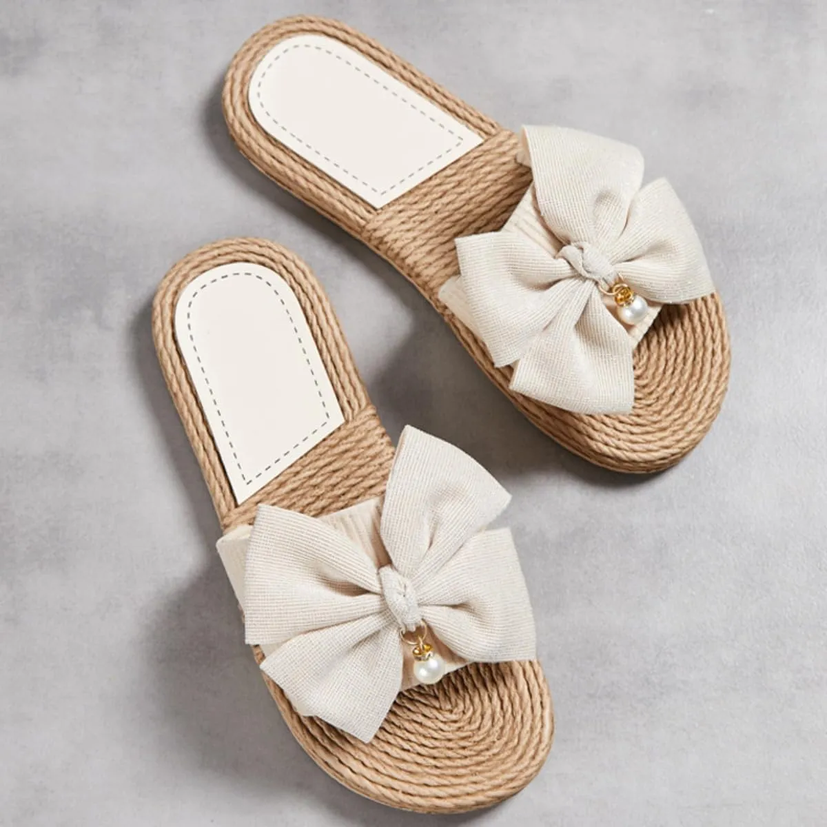 Women Bow Beach Sandals Cute Summer Pearl Straw Flats Comfortable Casual Open Toe Slides