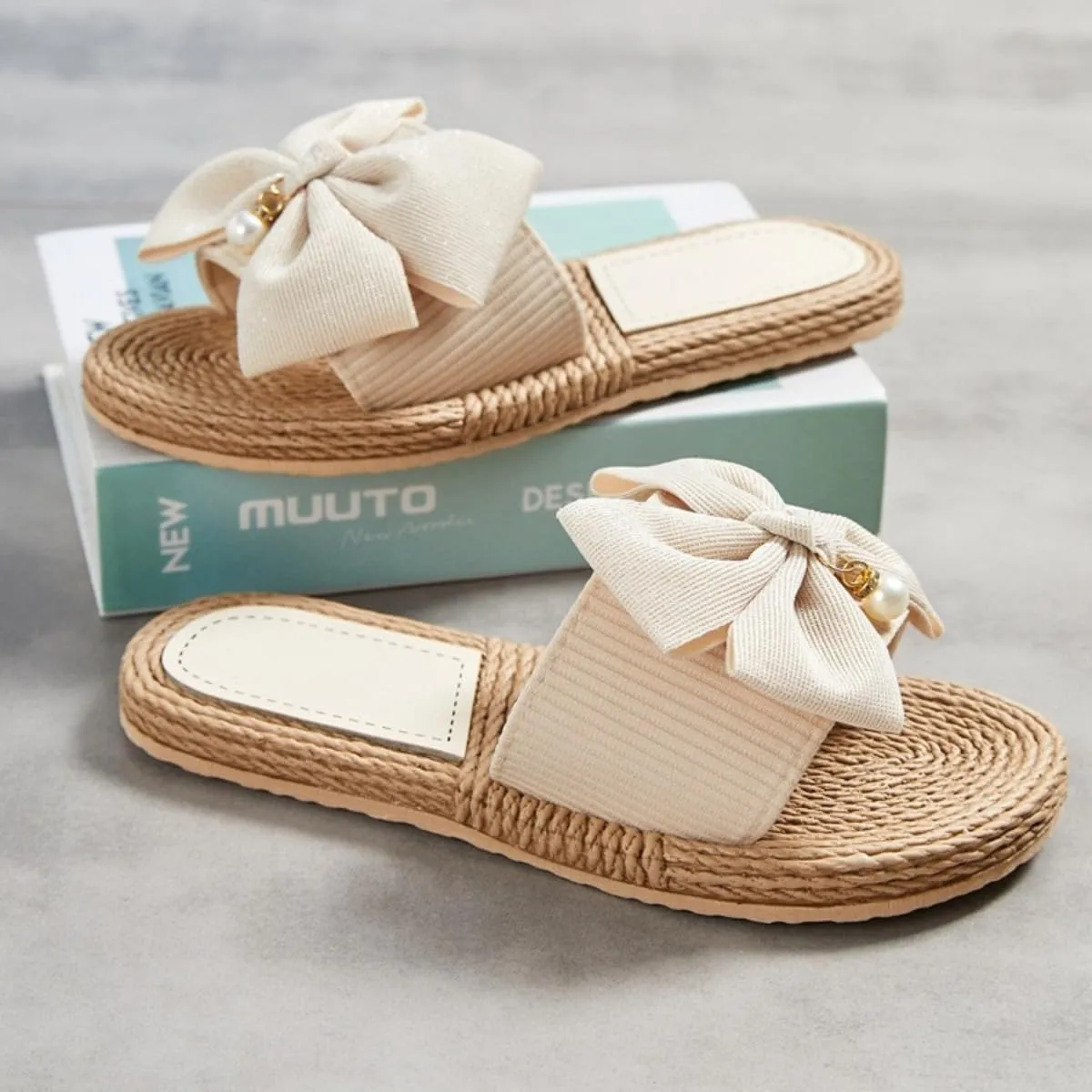Women Bow Beach Sandals Cute Summer Pearl Straw Flats Comfortable Casual Open Toe Slides