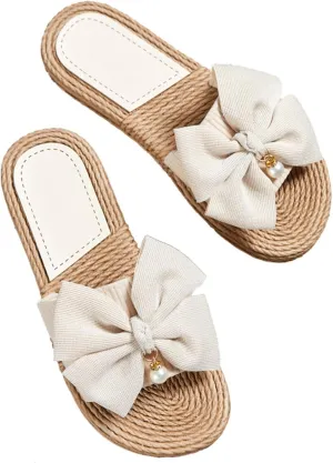 Women Bow Beach Sandals Cute Summer Pearl Straw Flats Comfortable Casual Open Toe Slides