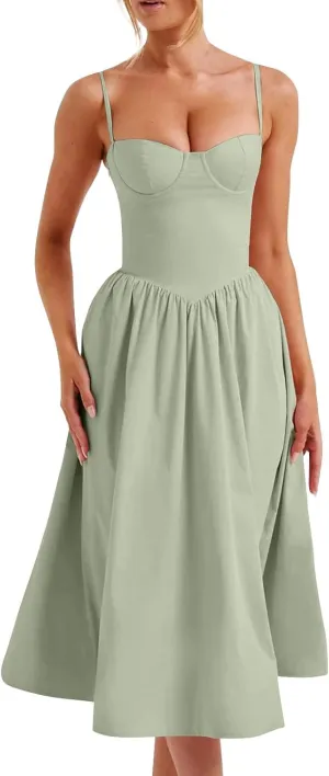 Women Corset Dress Sleeveless Milkmaid Dress Summer Bustier Dress Sexy Cottagecore Dress Midi Dresses with Pockets