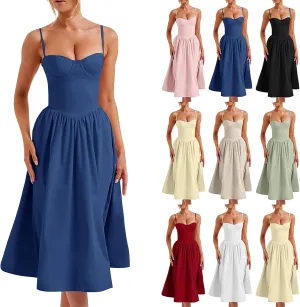 Women Corset Dress Sleeveless Milkmaid Dress Summer Bustier Dress Sexy Cottagecore Dress Midi Dresses with Pockets