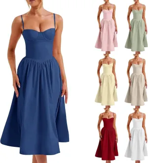 Women Corset Dress Sleeveless Milkmaid Dress Summer Bustier Dress Sexy Cottagecore Dress Midi Dresses with Pockets
