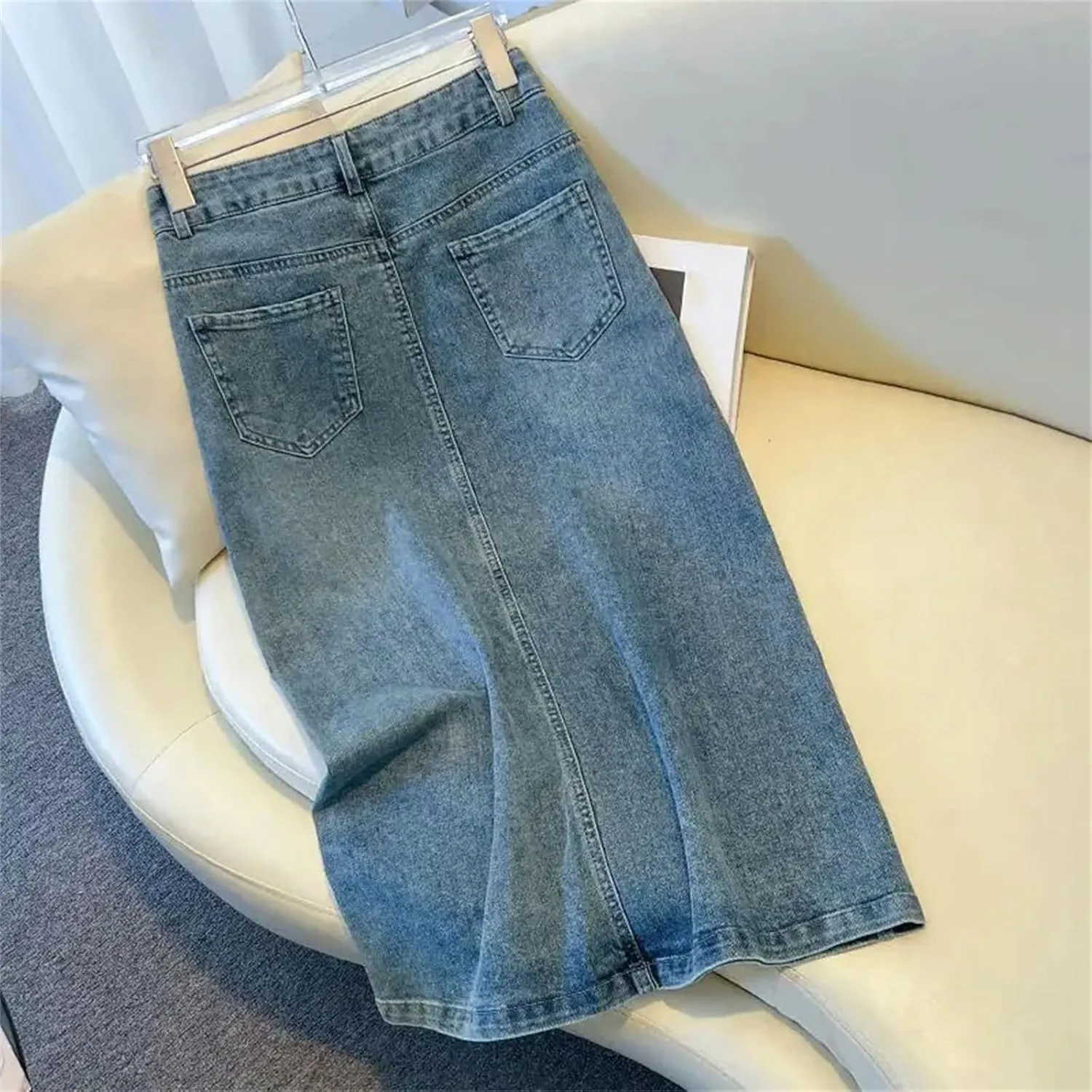 Women High Waist Vintage Denim Skirt Side Slit Hip Long Skirt